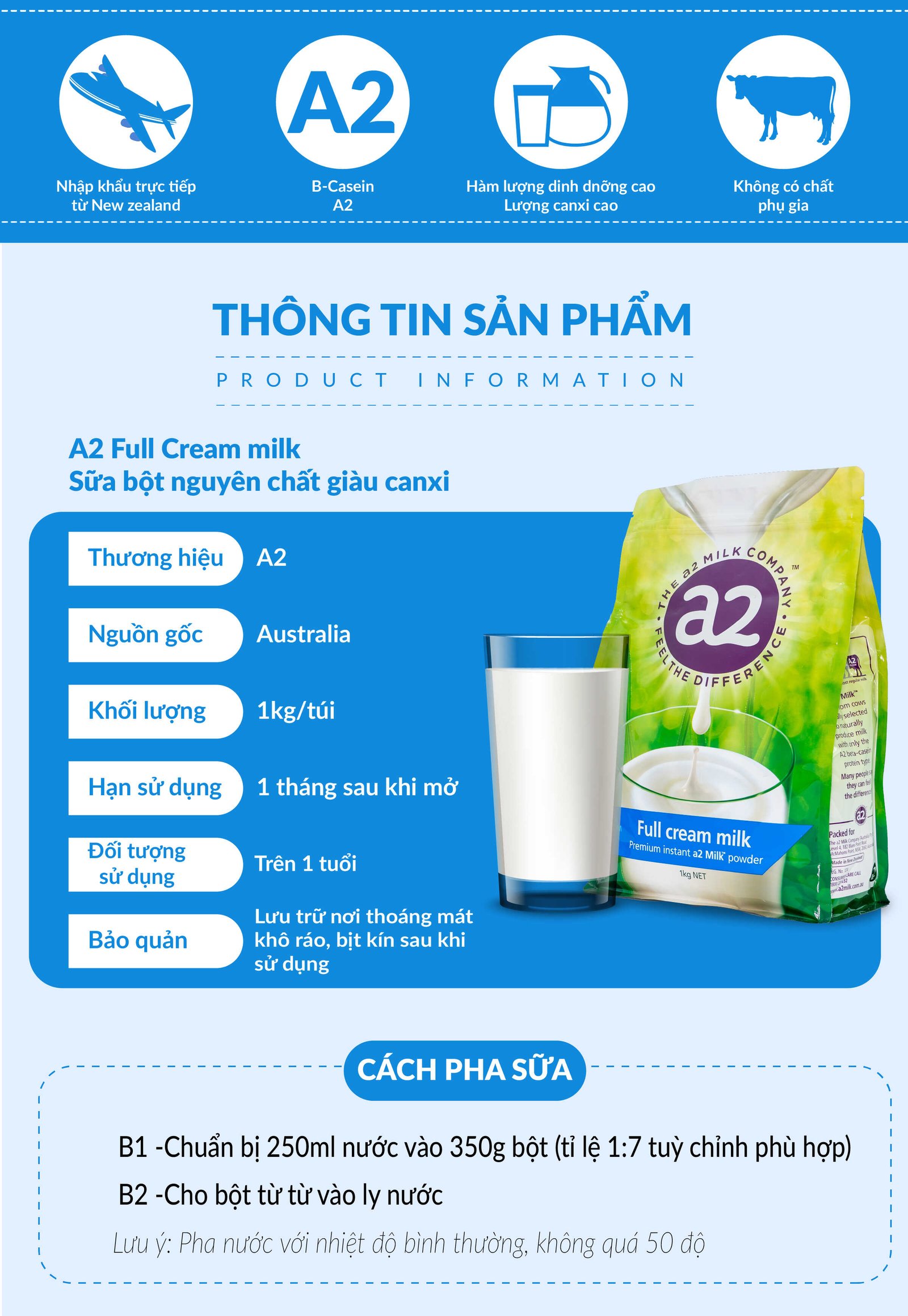 Sữa A2 Full Cream chính hãng Úc - 1kg