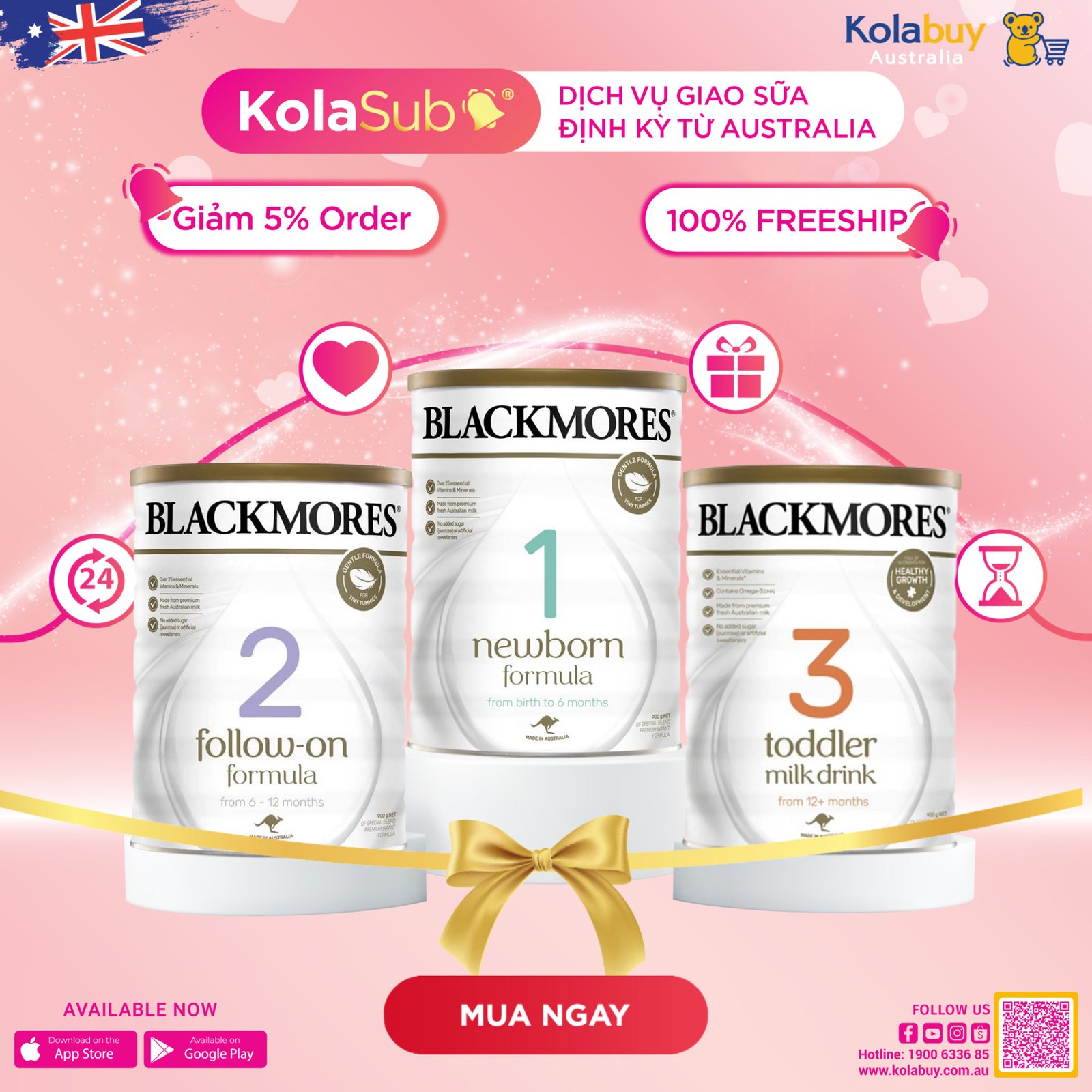 Ba lon sữa Blackmores với các số khác nhau, đại diện cho từng giai đoạn phát triển