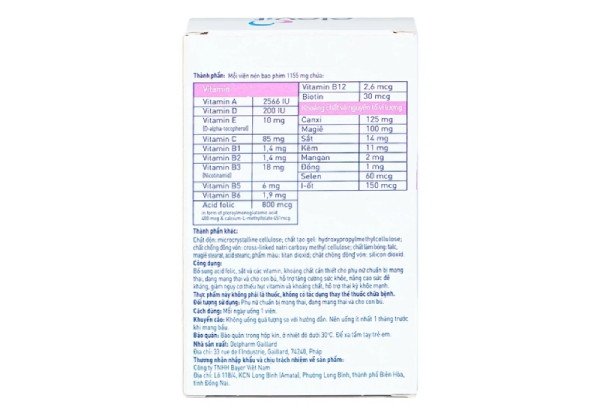 Bảng thành phần chi tiết của Elevit, nhấn mạnh Axit Folic và Sắt quan trọng cho thai kỳ