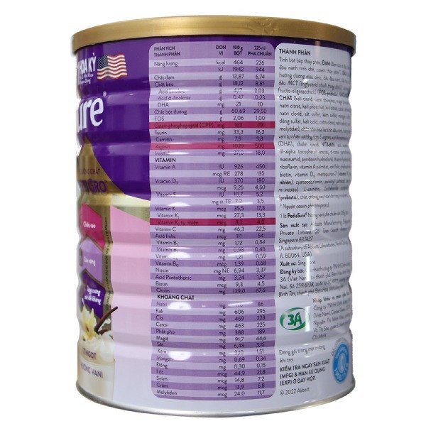 Bảng thành phần dinh dưỡng chi tiết của sữa Pediasure Việt Nam.