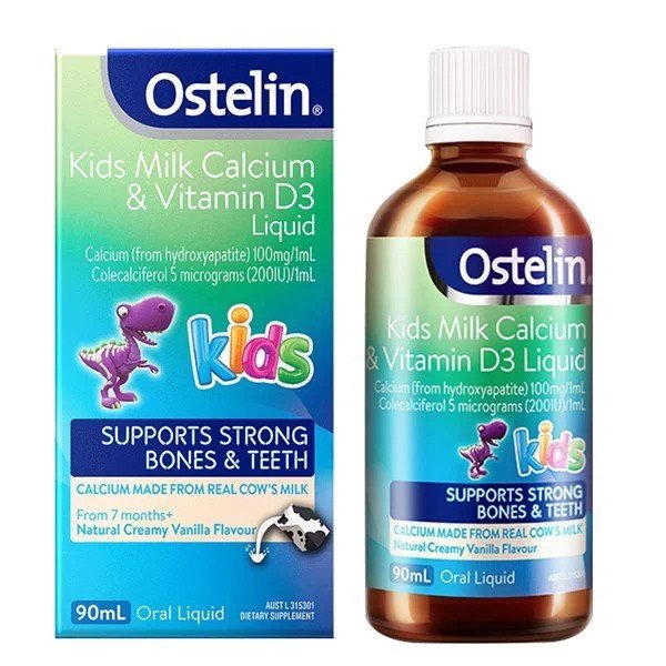 Bộ sản phẩm canxi Ostelin cho bé dạng sữa kèm xi lanh, hỗ trợ định liều lượng chính xác.