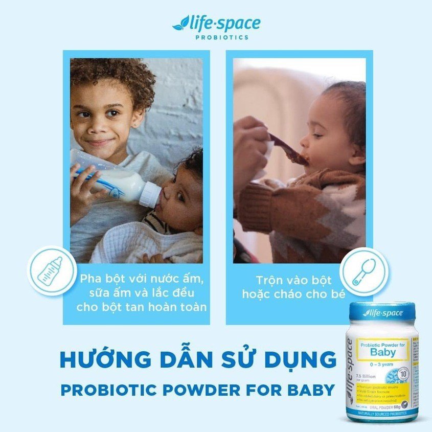 Cách pha men vi sinh Life Space cho trẻ nhỏ, có thể trộn vào sữa hoặc thức ăn dặm