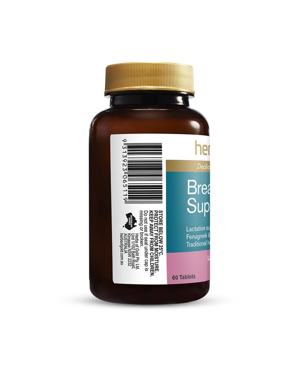 Cận cảnh mặt bên trái của chai Herbs of Gold Breastfeeding Support 60 viên