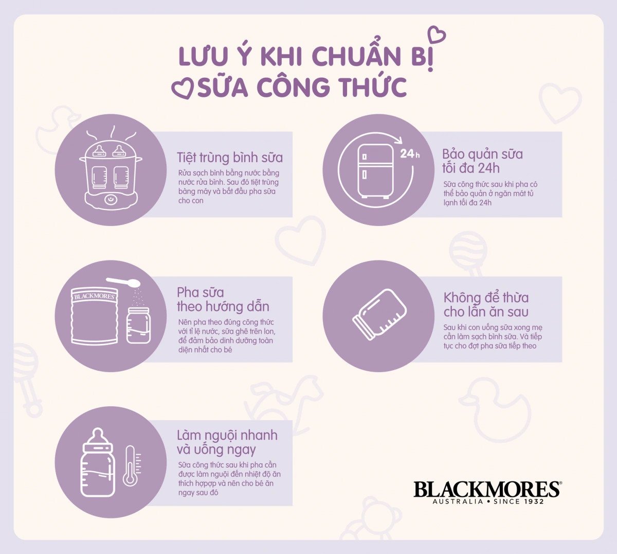 Cảnh báo không sử dụng sữa Blackmores số 3 đã pha quá 1 giờ để đảm bảo an toàn vệ sinh và giữ chất lượng