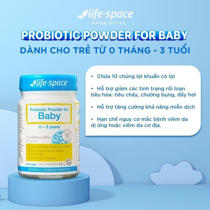 Chai men vi sinh Life Space màu xanh dương với nhãn hiệu rõ ràng, biểu tượng cho sức khỏe đường ruột cho bé