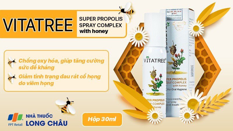Chai xịt keo ong Vitatree với nhãn sản phẩm rõ ràng