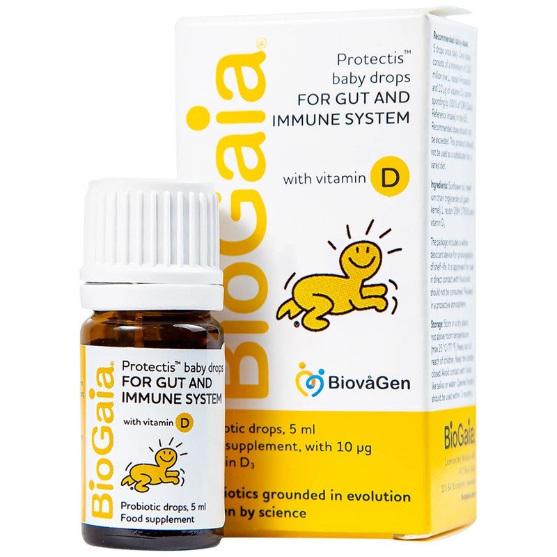 Hình ảnh chai BioGaia Protectis Baby Drops With Vitamin D3, sản phẩm men cho bé sơ sinh hỗ trợ tiêu hóa và bổ sung vitamin D3.