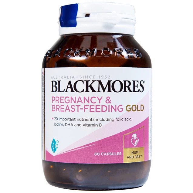 Hình ảnh hộp Blackmores Pregnancy &amp; Breast-Feeding Gold, một sản phẩm thiết yếu trong combo thuốc cho mẹ sau sinh từ Úc