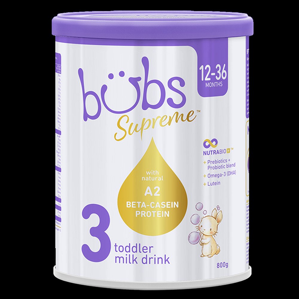 Hình ảnh lon sữa Bubs Supreme từ Úc, nhấn mạnh nguồn gốc và chất lượng sản phẩm
