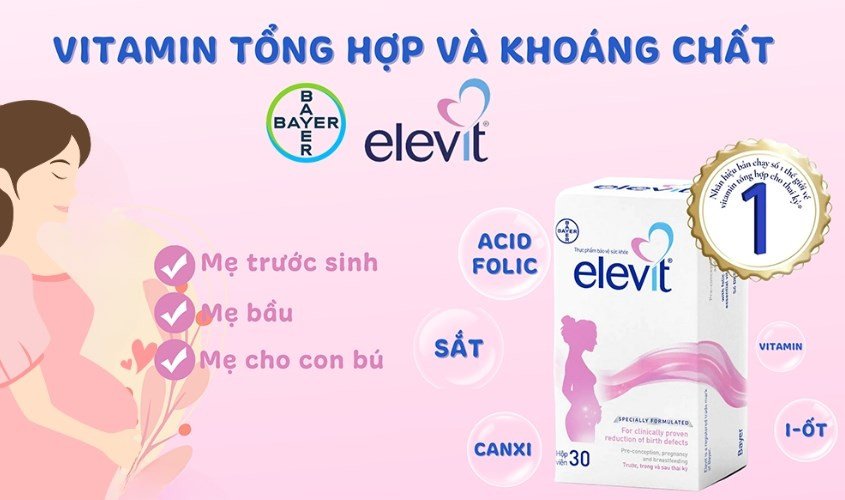Hình ảnh tổng quan về Elevit, sản phẩm bổ sung vitamin và khoáng chất cho bà bầu, làm nổi bật hàm lượng sắt trong Elevit.