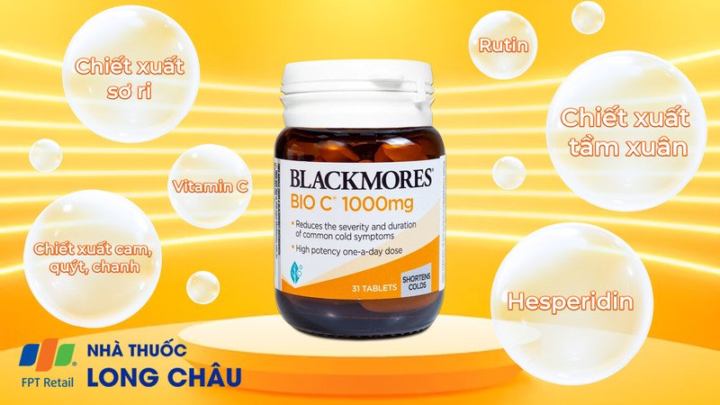 Hình ảnh viên uống Blackmores Bio C 1000mg cùng các loại trái cây giàu vitamin C