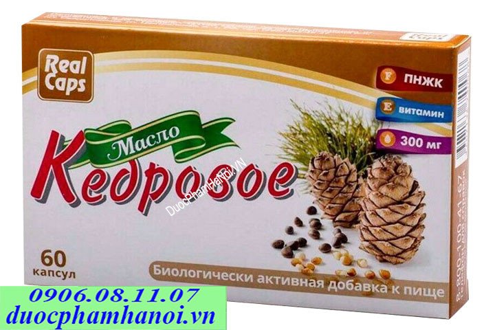 Hộp tinh dầu thông đỏ Nga Real Caps 60 viên với thiết kế sang trọng, nhấn mạnh nguồn gốc từ thiên nhiên