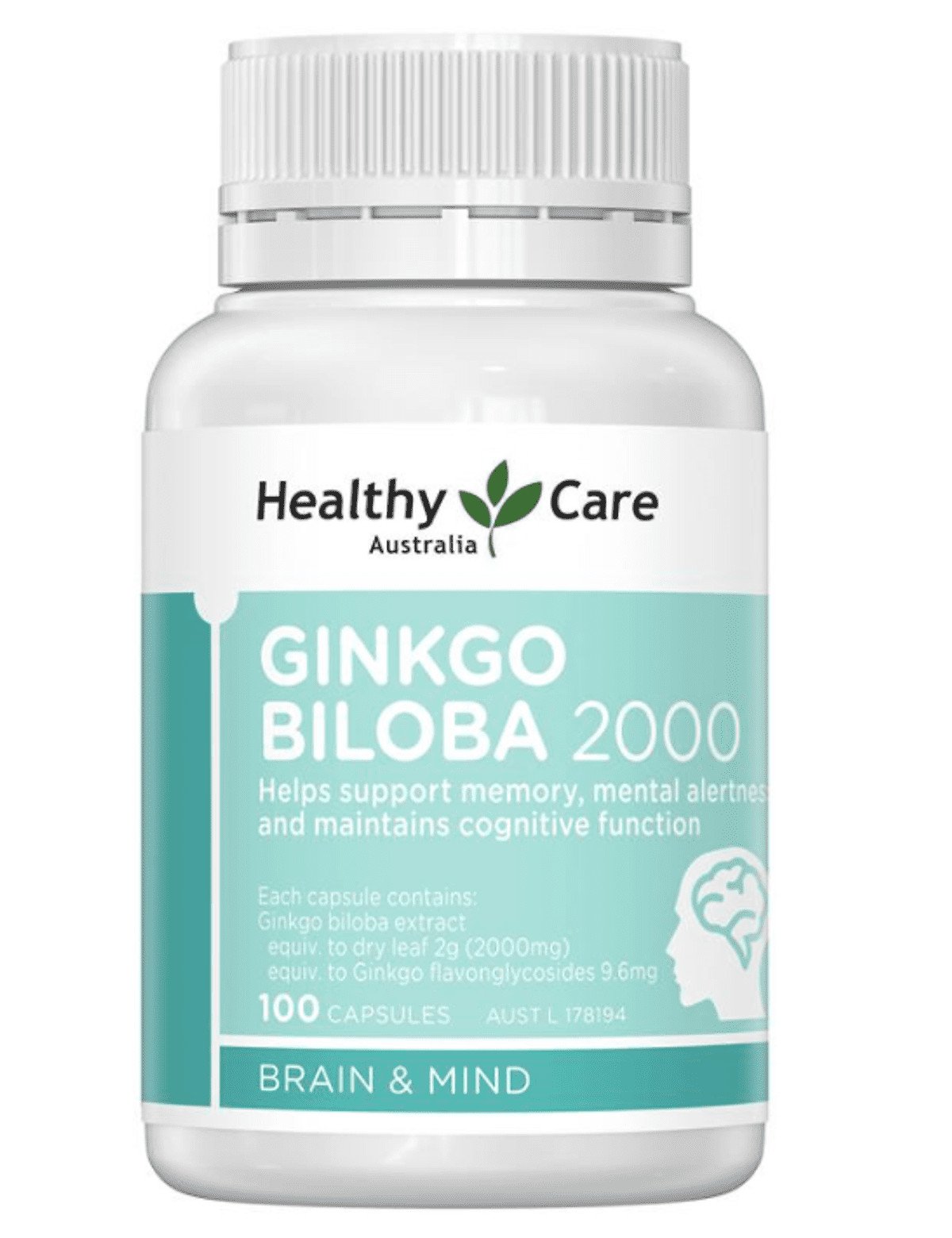 Hộp viên uống Ginkgo Biloba 2000 Úc của Healthy Care trên nền trắng, hỗ trợ cải thiện tuần hoàn máu não và chức năng nhận thức.