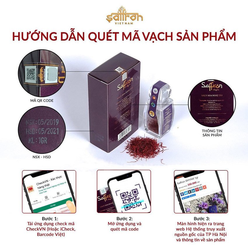 Kiểm tra mã vạch nhụy hoa nghệ tây Saffron SHYAM chính hãng bằng ứng dụng iCheck