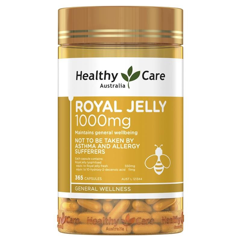 Lọ viên sữa ong chúa Healthy Care Royal Jelly với bao bì màu vàng