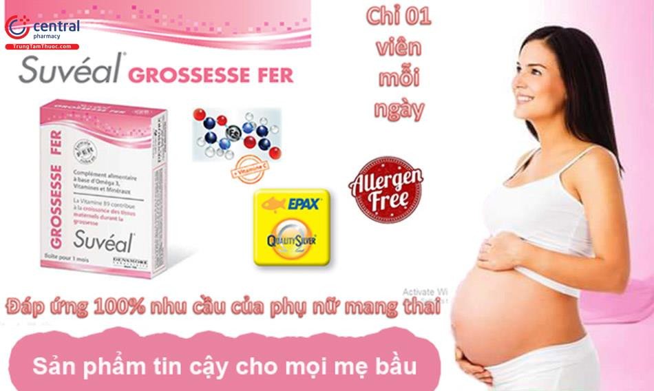 Sản phẩm Suveal Grossesse Fer cung cấp dưỡng chất cần thiết, giải đáp suveal là thuốc gì và có tác dụng như thế nào cho bà bầu