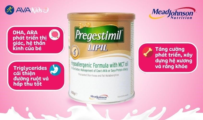 Sữa Pregestimil Lipil giúp bé dị ứng đạm bò hấp thu dinh dưỡng tốt hơn, hỗ trợ phát triển xương và trí não.
