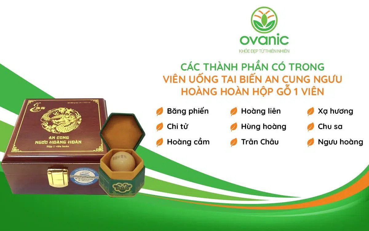 Thành phần an cung ngưu hoàng hoàn hộp gỗ 1 viên