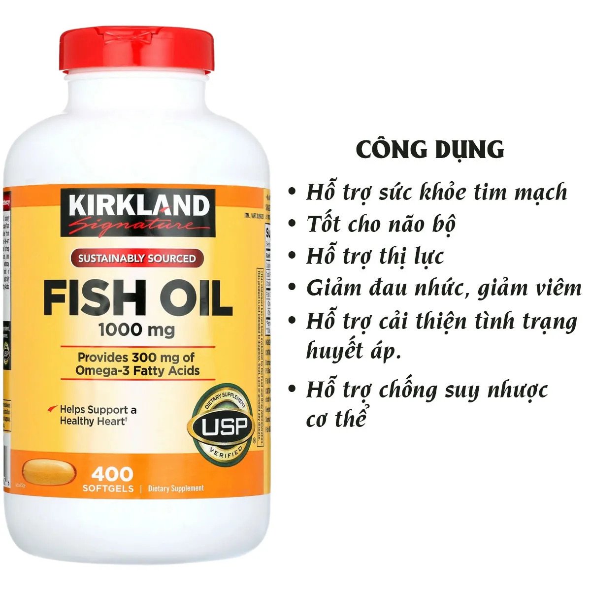 Viên dầu cá Omega 3 Fish Oil 1000mg của Mỹ Kirkland hỗ trợ tim mạch và não bộ