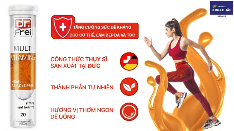Viên sủi Multivitamins + Biotin Dr. Frei giúp bổ sung vitamin tổng hợp và dưỡng chất làm đẹp da, tóc cho phụ nữ.