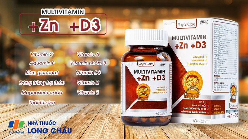 Viên uống Multivitamin + Zn + D3 Royal Care bổ sung vitamin tổng hợp cho nữ, tăng cường sức đề kháng và hỗ trợ xương chắc khỏe.