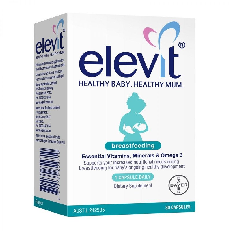 Hình ảnh một hộp vitamin tổng hợp dành cho mẹ sau sinh, nhấn mạnh sự đầy đủ các dưỡng chất cần thiết.