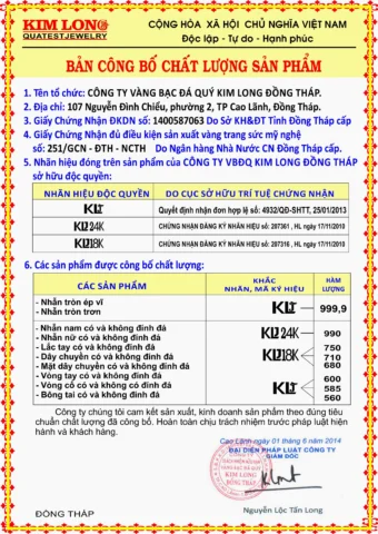 Giá Vàng Kim Long 2026: Dự Báo Xu Hướng & Phân Tích Chi Tiết Bảng công bố chất lượng sản phẩm vàng Kim Long