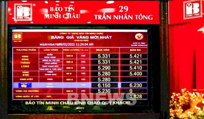 Bảng niêm yết giá vàng tại Bảo Tín Minh Châu
