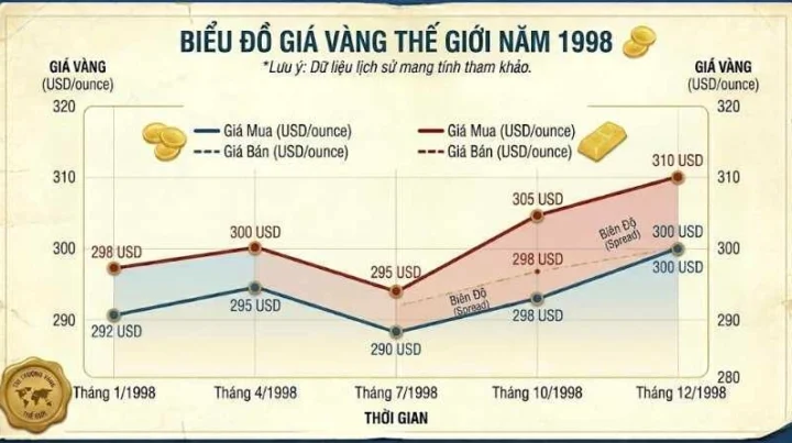 Biểu đồ giá vàng thế giới năm 1998