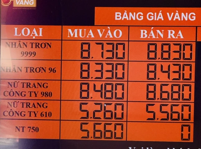 Giá vàng niêm yết tại tiệm vàng Kim Vinh